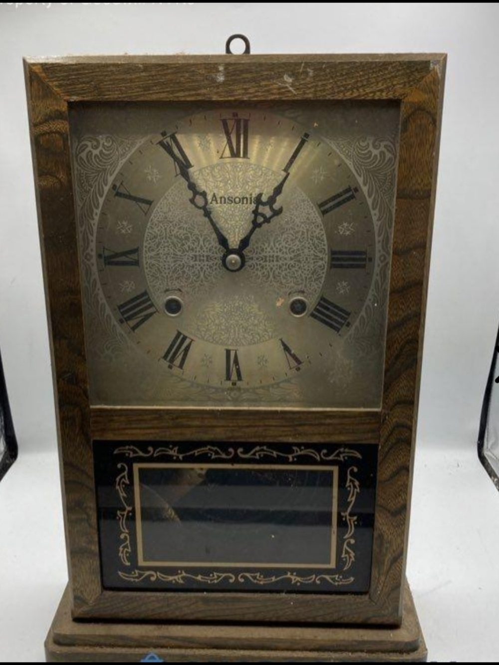 Antique Ansonia Oak Mantel Clock Roman Numerals Pendulum & Key Early 1900s